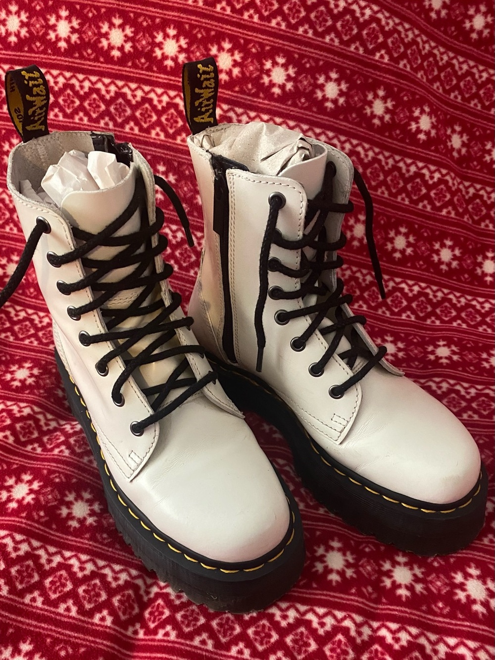 Dr. Martens White Platform Lace-Up Combat Boots with Black Laces